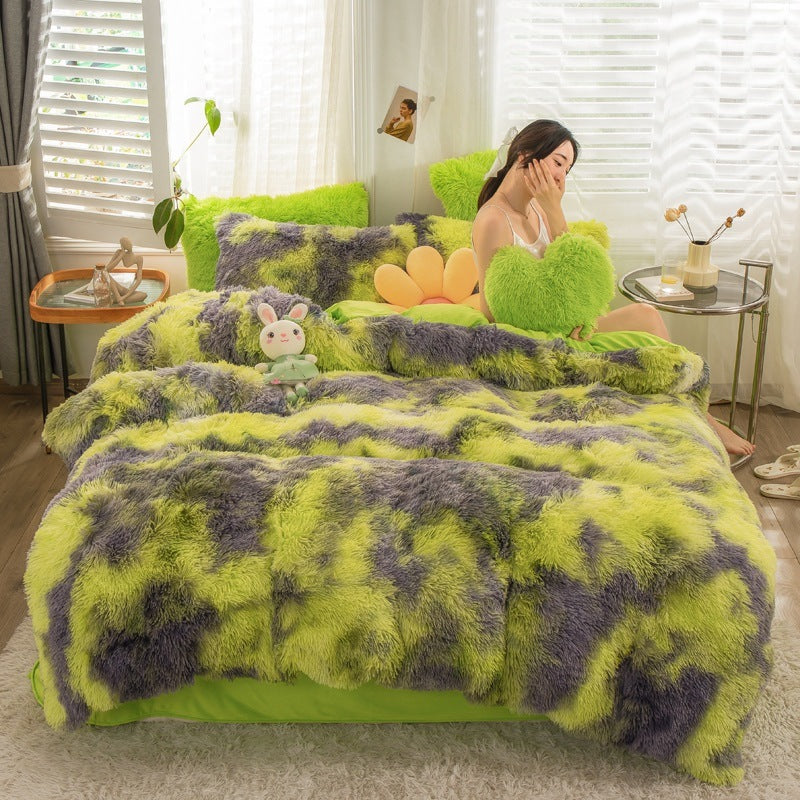 HKM-019219 Mink Velvet Four-Piece Thickened Warm Bedding Set - Princess Style with Colorful Prints