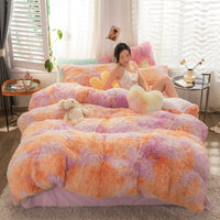 HKM-019219 Mink Velvet Four-Piece Thickened Warm Bedding Set - Princess Style with Colorful Prints