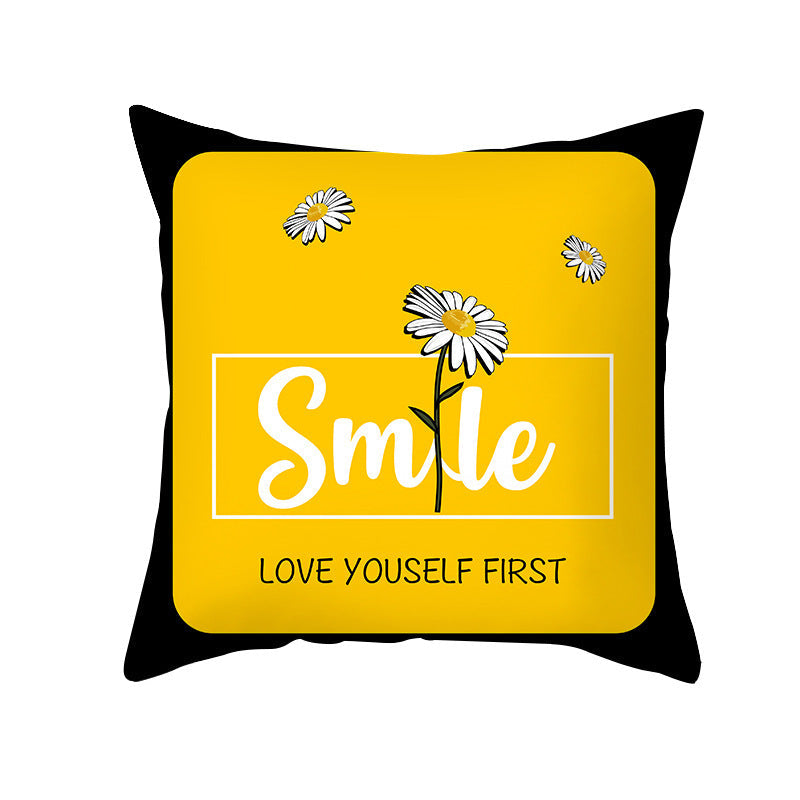 HKM-019603 Modern Yellow Daisy Floral Cushion Cover - Nordic Peach Skin Velvet Pillow Case 45x45cm