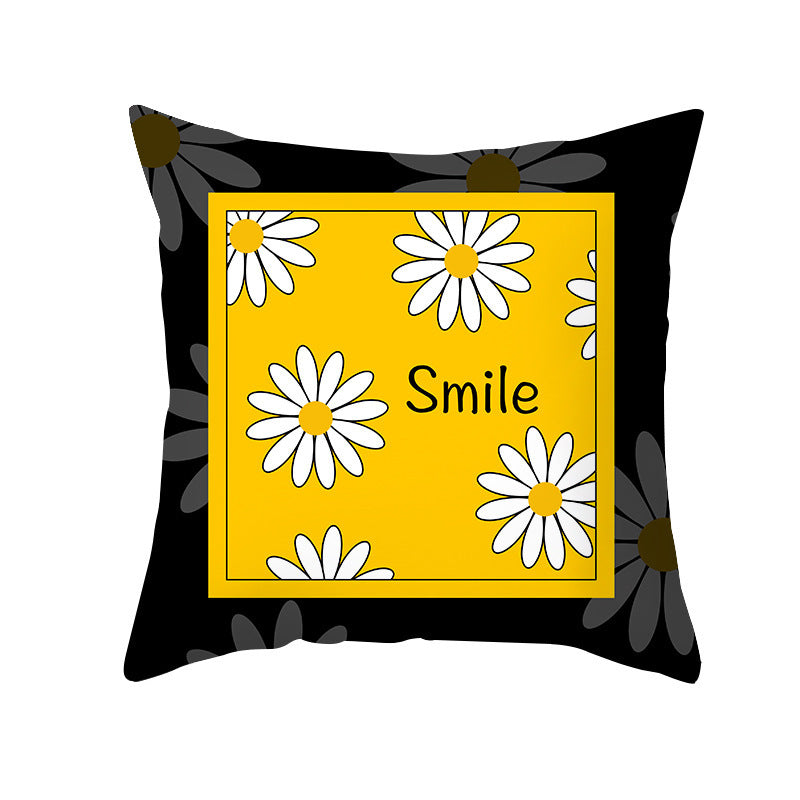 HKM-019603 Modern Yellow Daisy Floral Cushion Cover - Nordic Peach Skin Velvet Pillow Case 45x45cm