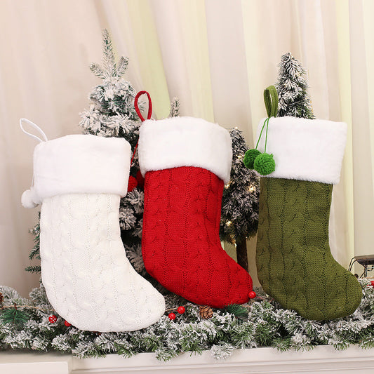 HKM-019667 Knitted Striped Wool Christmas Socks in White, Red, and Green