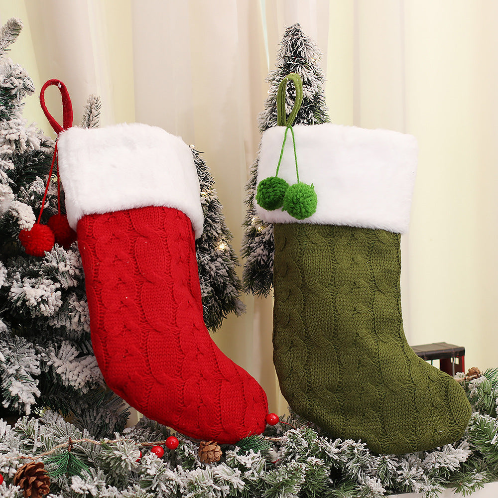 HKM-019667 Knitted Striped Wool Christmas Socks in White, Red, and Green