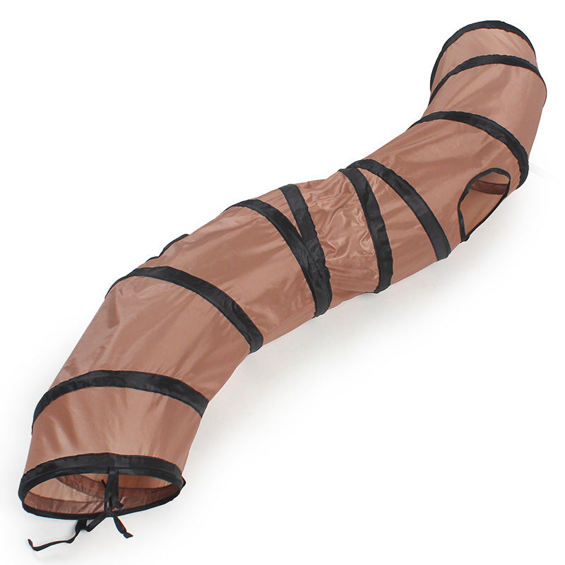 HKM-020051 Collapsible Cat Tunnel Toy - S-Shaped Polyester in Brown, Black, and Lake Blue