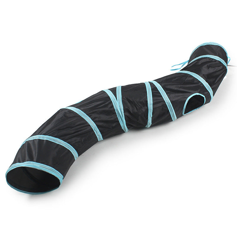 HKM-020051 Collapsible Cat Tunnel Toy - S-Shaped Polyester in Brown, Black, and Lake Blue
