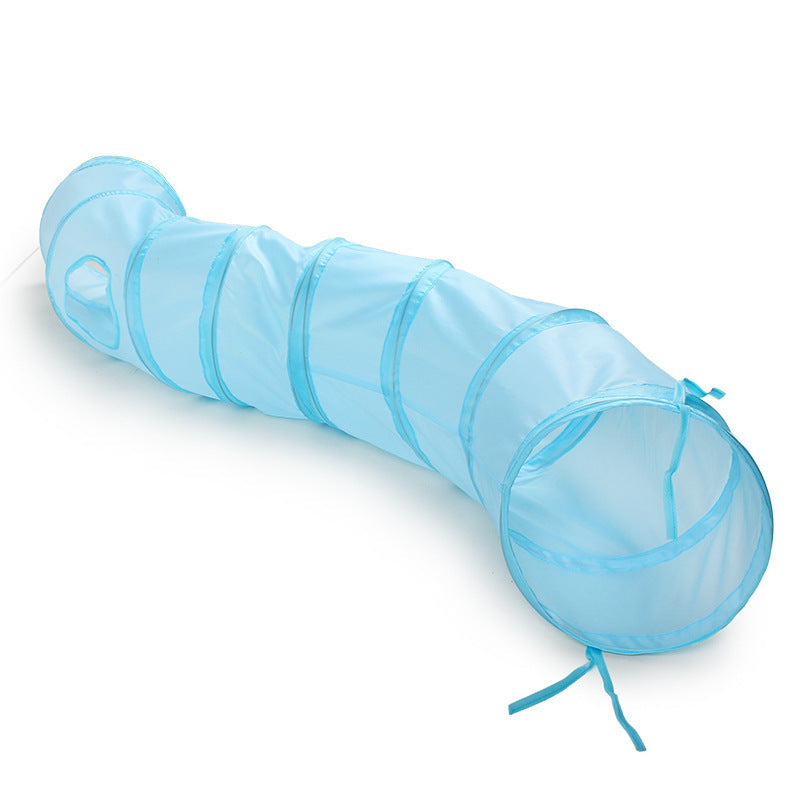 HKM-020051 Collapsible Cat Tunnel Toy - S-Shaped Polyester in Brown, Black, and Lake Blue