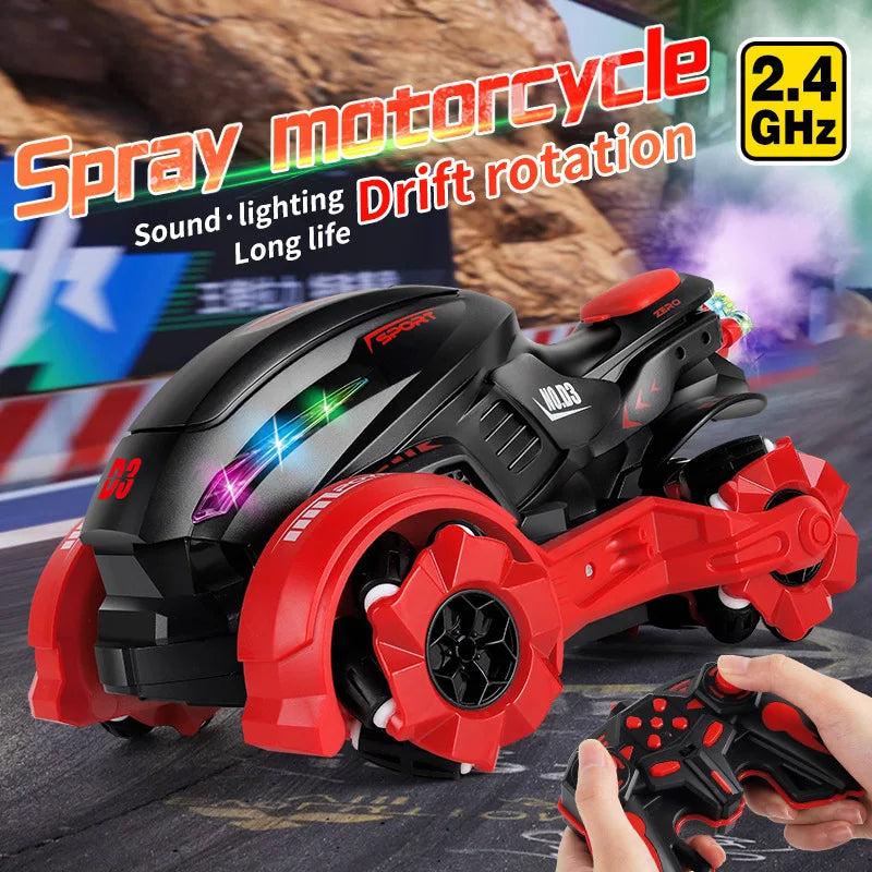 HKM-020051 Remote Control Spray Stunt Motorcycle with Drift and Rotation Features – High Speed Electric RC Car, Indoor/Outdoor Use