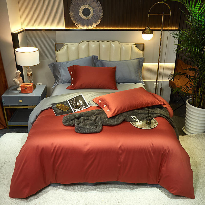HKM-021203 Modern Plain Stitching 60 Pure Double Double Cotton Four-Piece Bedding Set - Available in Multiple Color Combinations