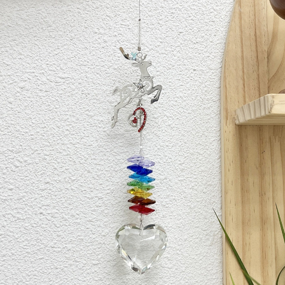 HKM-021331 Elk Rainbow Wind Chimes - Handmade Crystal Courtyard Decoration 31cm