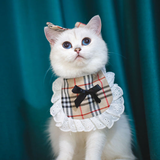 HKM-021459 Colorful Cat Lace Suit Scarf Bib with Floral and Plaid Designs for All Seasons