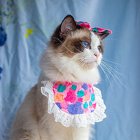 HKM-021459 Colorful Cat Lace Suit Scarf Bib with Floral and Plaid Designs for All Seasons
