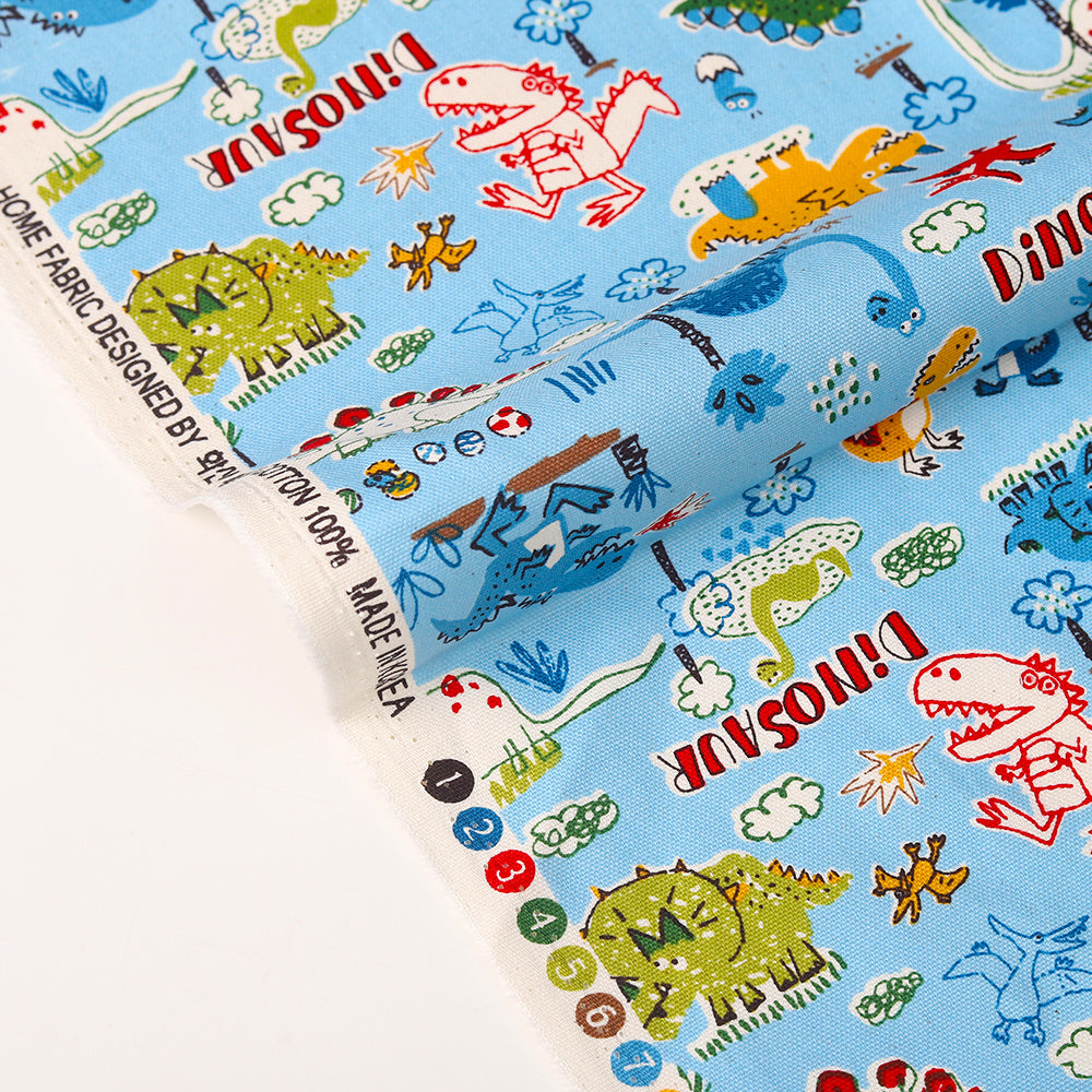 HKM-022035 Cotton Canvas DIY Fabric featuring Cute Cartoon Dinosaurs - Available in Blue and White, 110CMx45CM