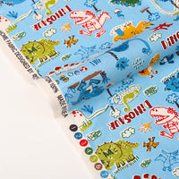 HKM-022035 Cotton Canvas DIY Fabric featuring Cute Cartoon Dinosaurs - Available in Blue and White, 110CMx45CM