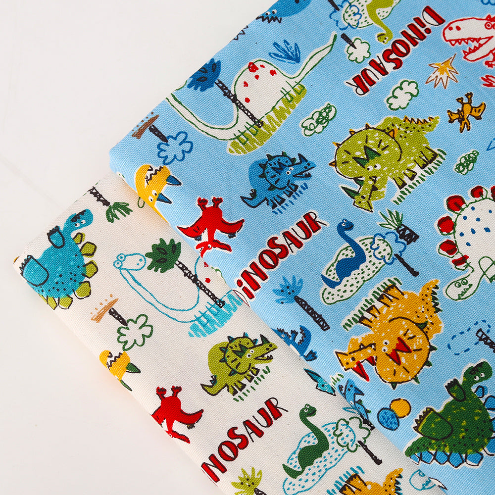 HKM-022035 Cotton Canvas DIY Fabric featuring Cute Cartoon Dinosaurs - Available in Blue and White, 110CMx45CM
