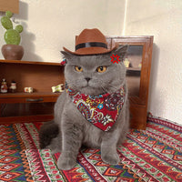 HKM-022035 Cowboy Hat and Triangular Scarf Set for Pets - Adjustable Sizes S, M, L, Brown, Navy Blue, and Red Options