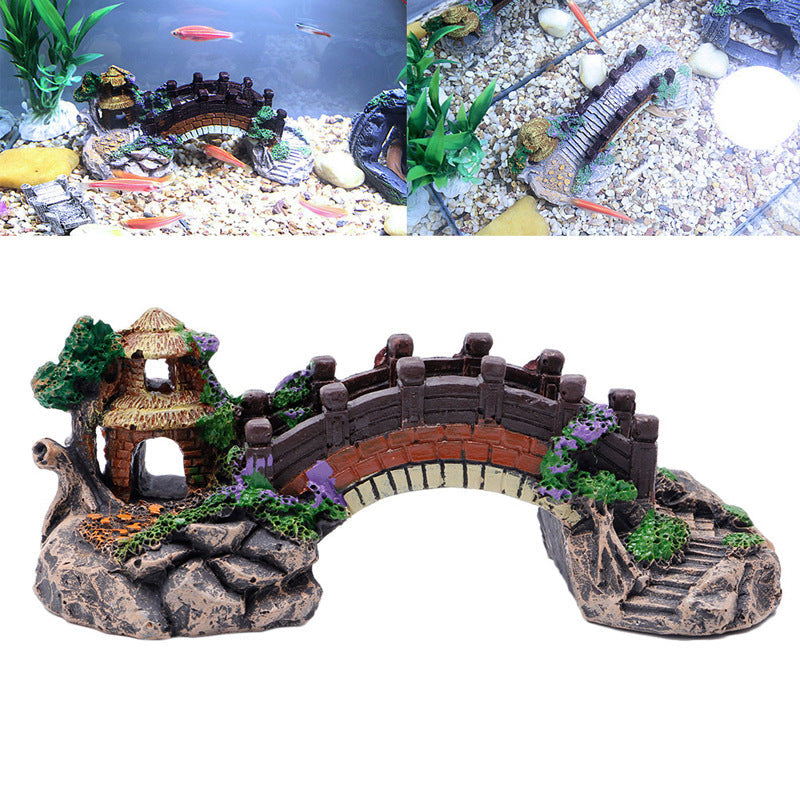 HKM-022035 Resin Fish Tank Landscape Decoration with Fake Bridge and Rockery - Small Size