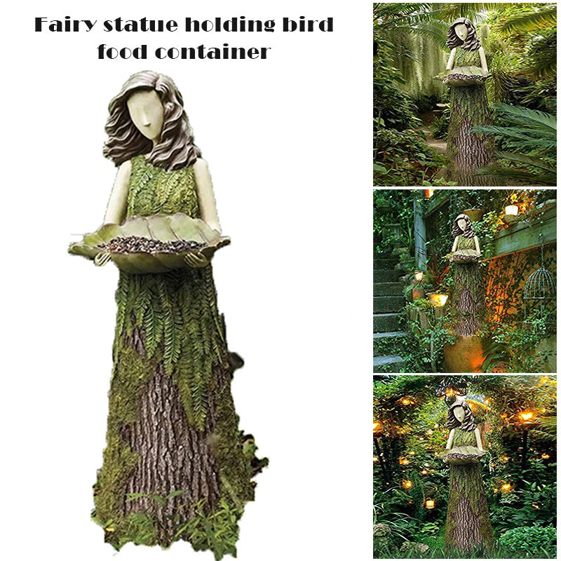 HKM-022291 Fern Fairy Statue with Hummingbird Bird Feeder – Elegant Resin Wall Decor for Courtyard and Garden