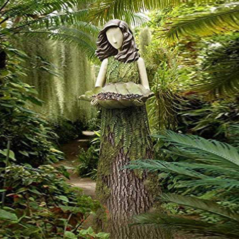 HKM-022291 Fern Fairy Statue with Hummingbird Bird Feeder – Elegant Resin Wall Decor for Courtyard and Garden