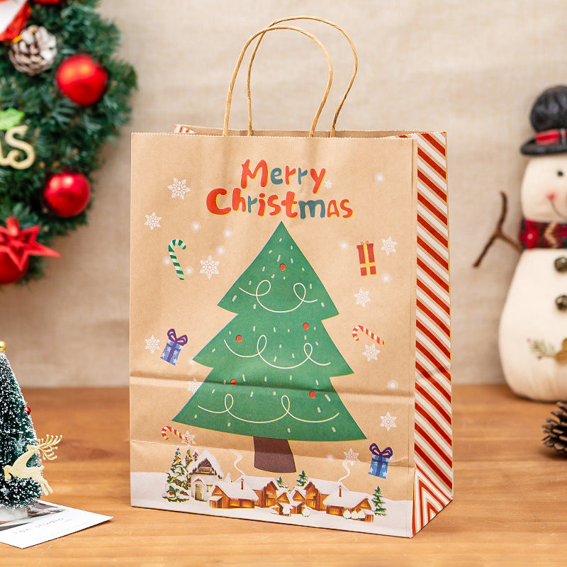 HKM-022803 Christmas Gift Bag Set with Santas, Christmas Trees, and Lanterns in Kraft Paper - S, M, L Sizes Available