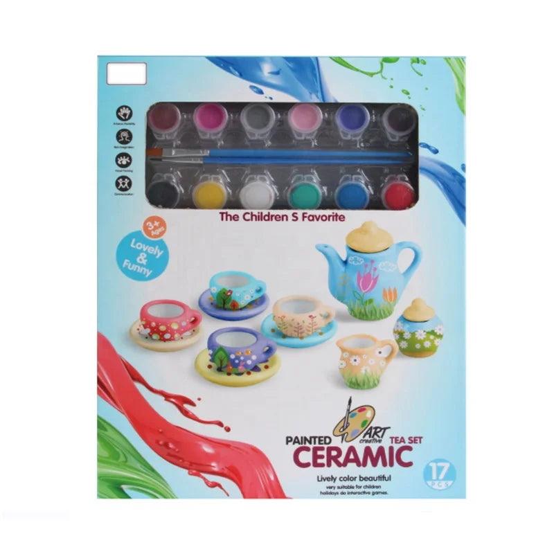 HKM-023315 Color Your Imagination with This 17-Piece Ceramic DIY Tea Set for Kids