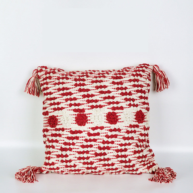 HKM-023571 Cotton Tassel Pillow Cover in Red - Modern Nordic Style Cushion