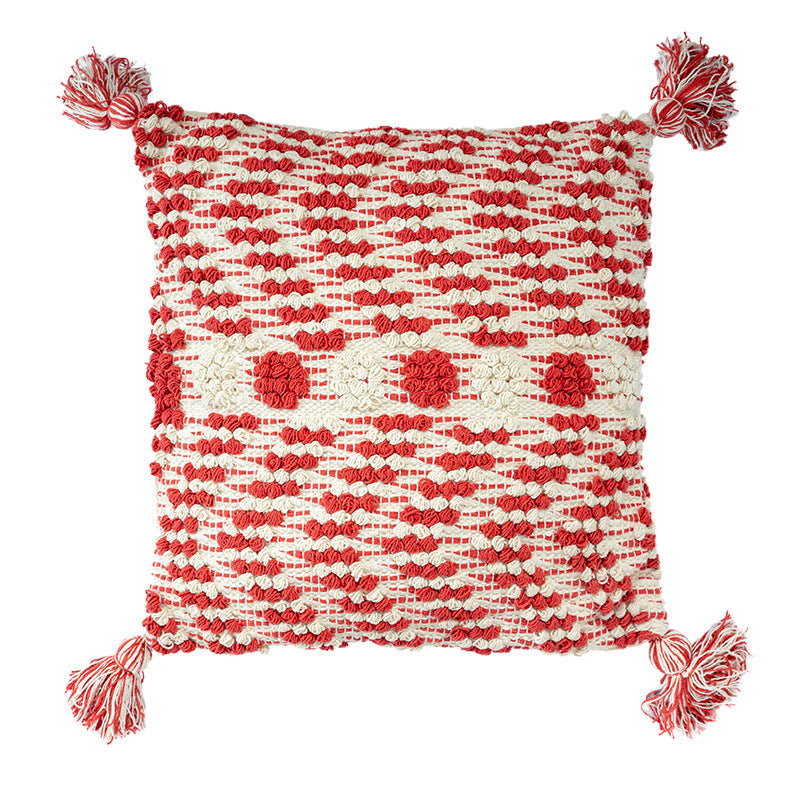 HKM-023571 Cotton Tassel Pillow Cover in Red - Modern Nordic Style Cushion