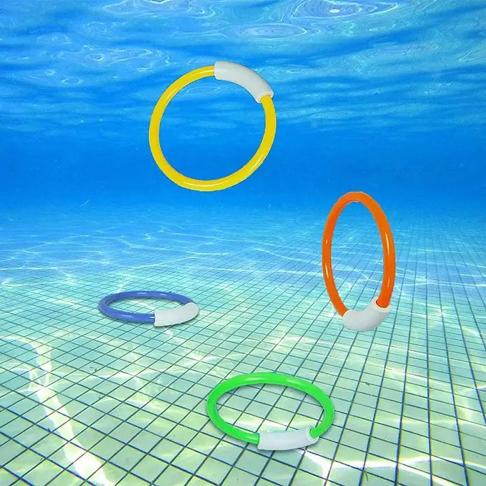 HKM-023763 Colorful Plastic Dive Training Rings for Kids - 4 Pieces Swimming Pool Toy