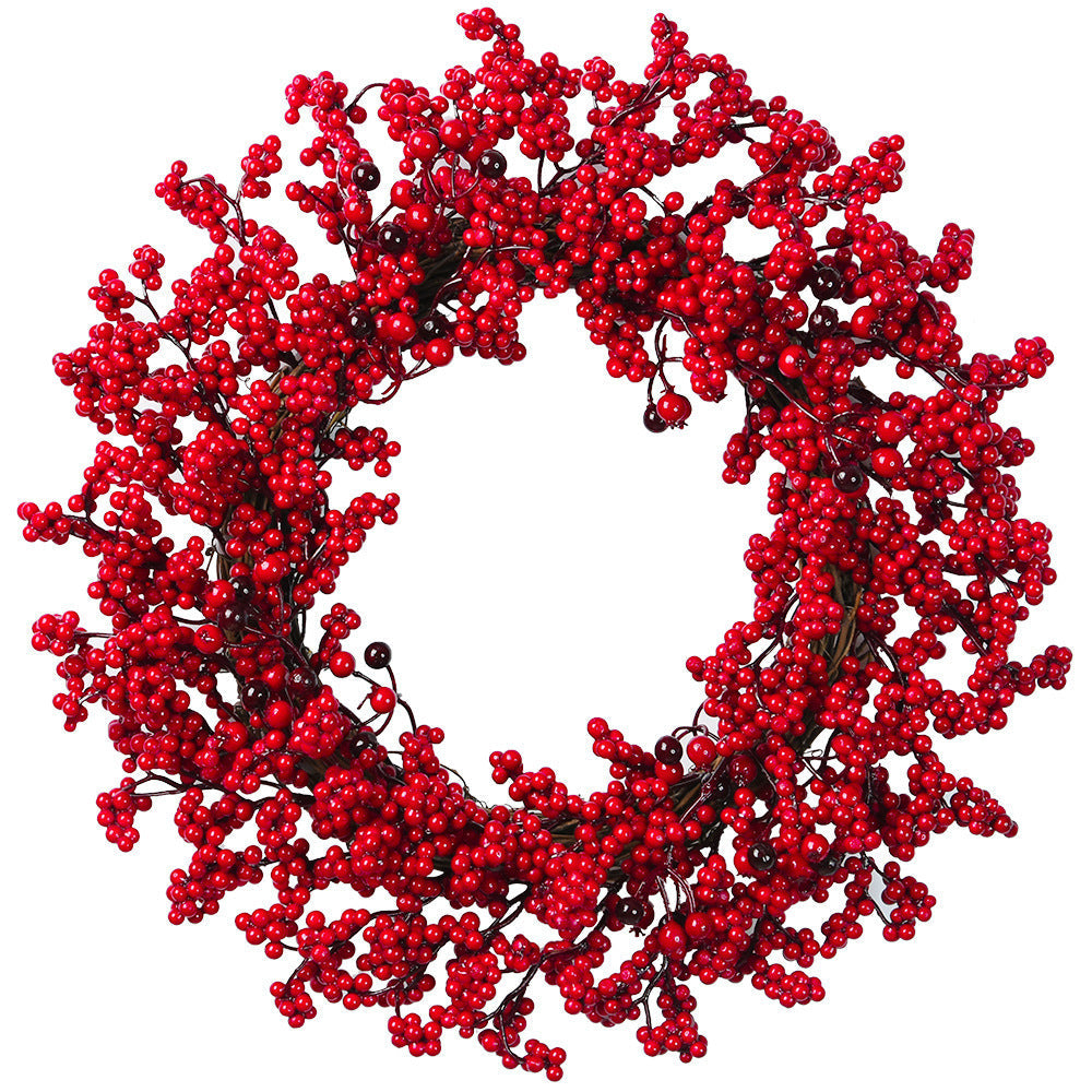 HKM-024787 Chinese Hawthorn Garland with Red Berries and Green Leaves - 45cm Handmade Wreath for Christmas Tree Decoration