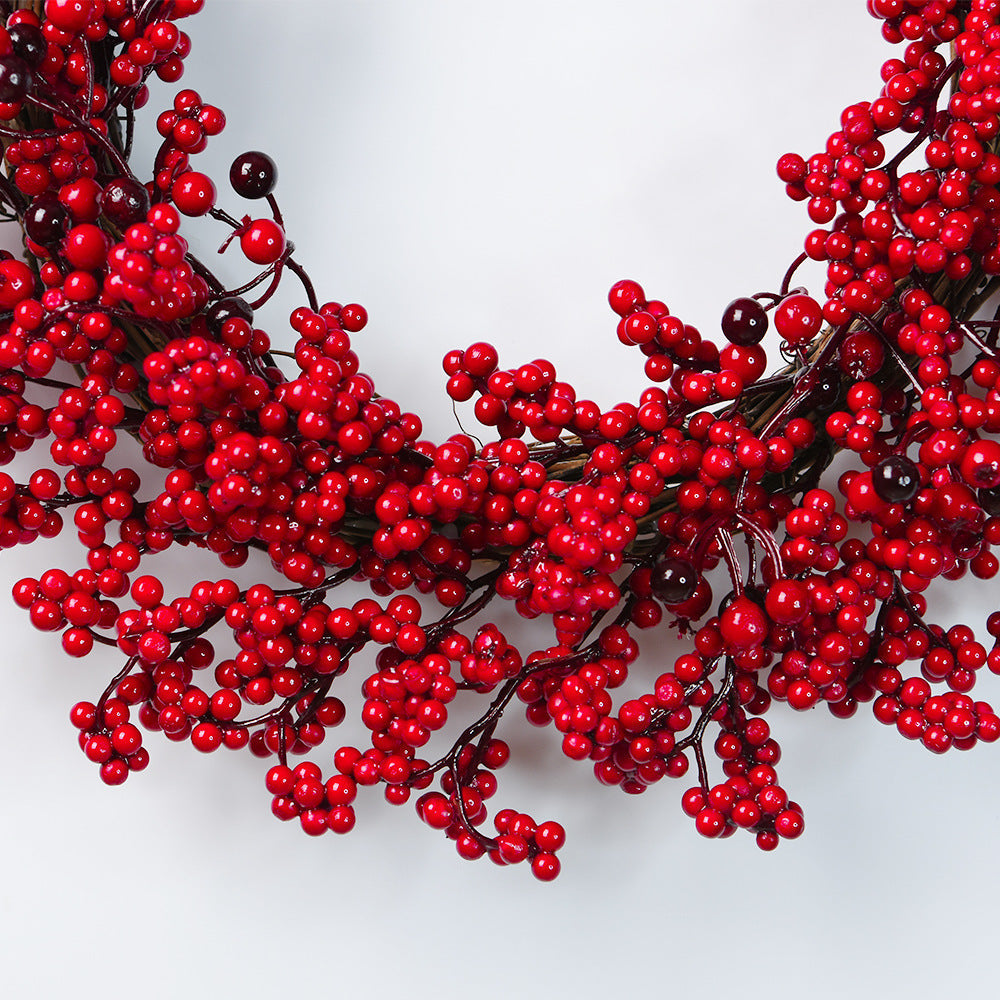 HKM-024787 Chinese Hawthorn Garland with Red Berries and Green Leaves - 45cm Handmade Wreath for Christmas Tree Decoration