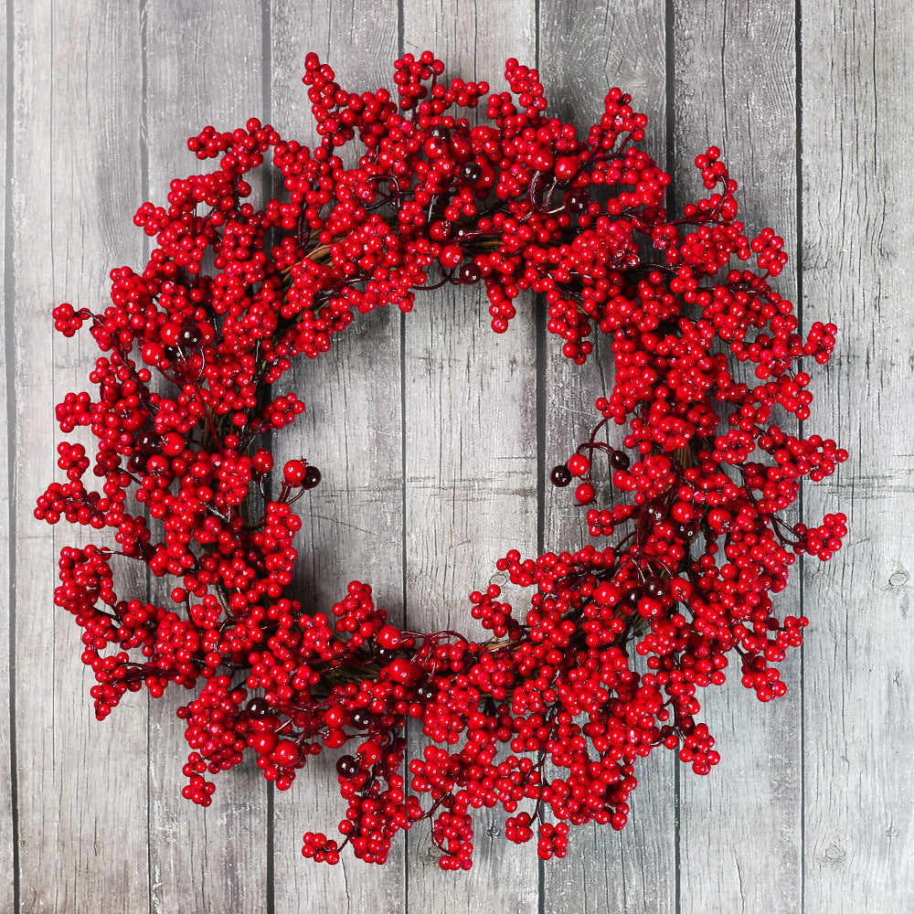 HKM-024787 Chinese Hawthorn Garland with Red Berries and Green Leaves - 45cm Handmade Wreath for Christmas Tree Decoration