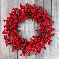 HKM-024787 Chinese Hawthorn Garland with Red Berries and Green Leaves - 45cm Handmade Wreath for Christmas Tree Decoration