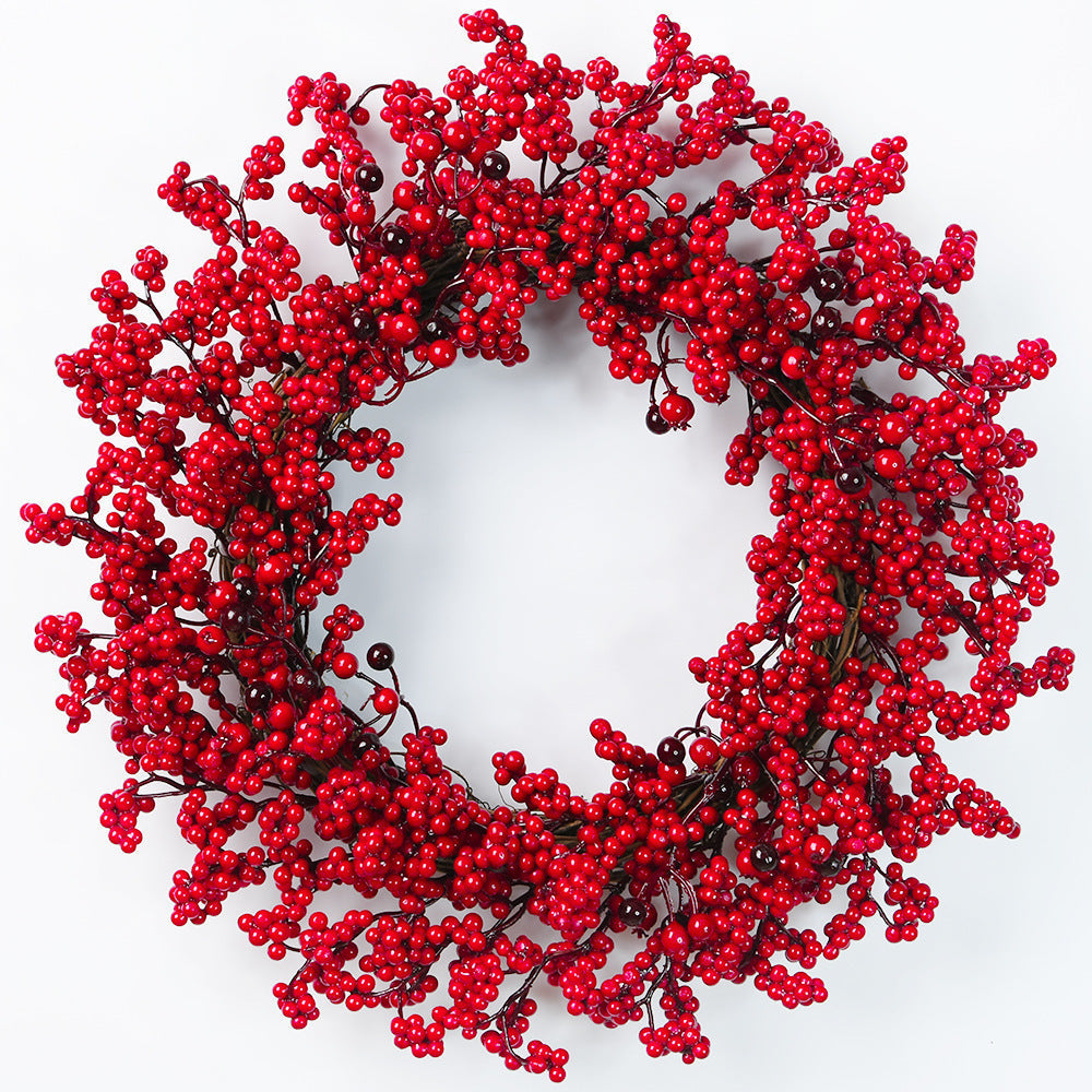 HKM-024787 Chinese Hawthorn Garland with Red Berries and Green Leaves - 45cm Handmade Wreath for Christmas Tree Decoration