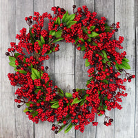 HKM-024787 Chinese Hawthorn Garland with Red Berries and Green Leaves - 45cm Handmade Wreath for Christmas Tree Decoration