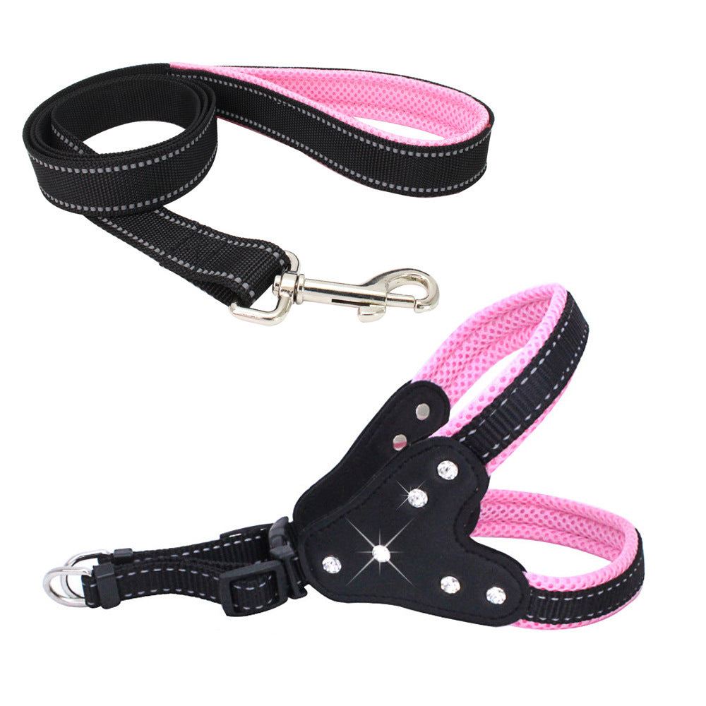HKM-024851 Reflective Mesh Fabric Pet Vest with Rhinestone Detail and Leash - Multiple Colors Available