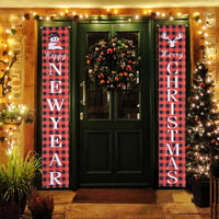 HKM-025939 Merry Christmas Porch Signs - Set of 2, Buffalo Plaid and Snowman Design, Durable Fabric, 72"x12" Each, Indoor/Outdoor Decoration