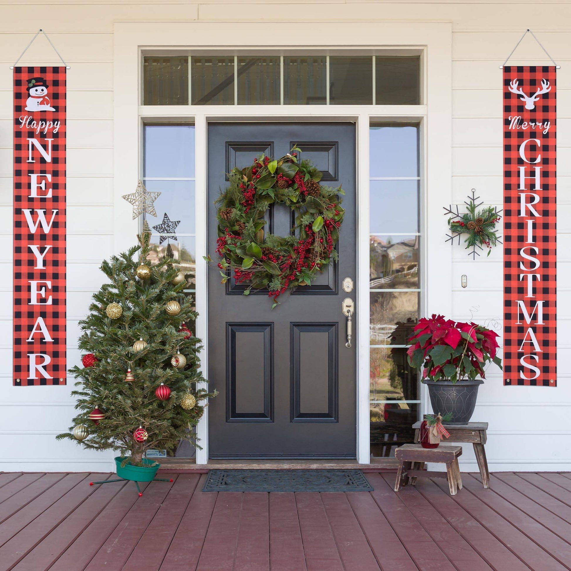 HKM-025939 Merry Christmas Porch Signs - Set of 2, Buffalo Plaid and Snowman Design, Durable Fabric, 72"x12" Each, Indoor/Outdoor Decoration