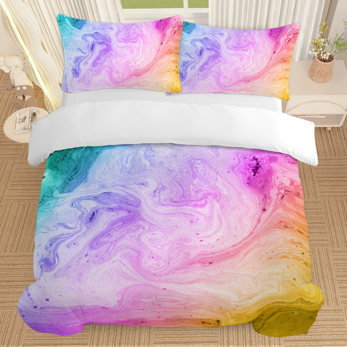 HKM-026131 Rainbow Glitter Ombre Duvet Cover Set - 3 Piece Soft Microfiber Bedding with 2 Pastel Pillow Shams