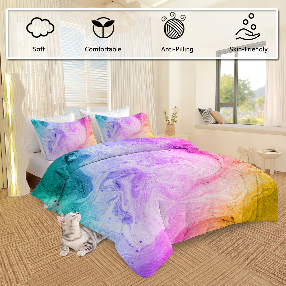 HKM-026131 Rainbow Glitter Ombre Duvet Cover Set - 3 Piece Soft Microfiber Bedding with 2 Pastel Pillow Shams
