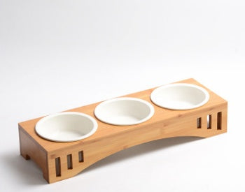 HKM-026323 Bamboo Wood Arch Design Pet Bowl - Elevated Dining Solution for Cats and Dogs