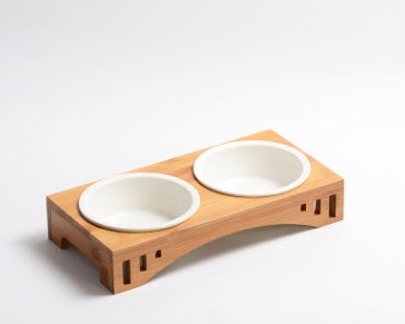 HKM-026323 Bamboo Wood Arch Design Pet Bowl - Elevated Dining Solution for Cats and Dogs
