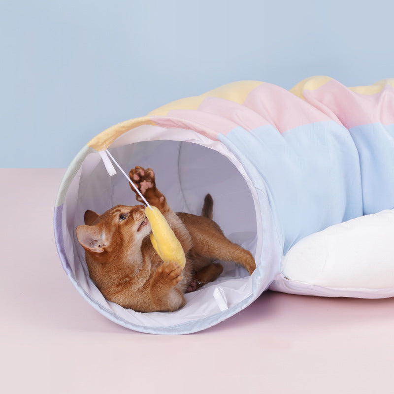 HKM-026643 Rainbow Cat Tunnel Bed – Removable & Washable Cat Passageway with Soft Silk Velvet and Steel Frame