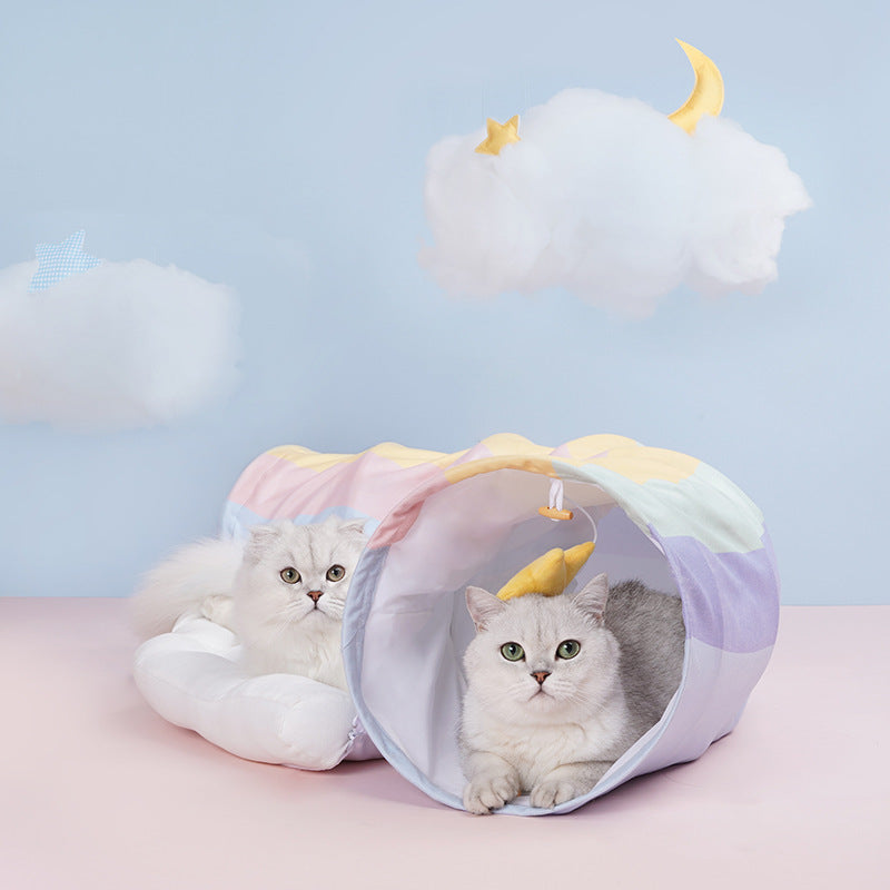 HKM-026643 Rainbow Cat Tunnel Bed – Removable & Washable Cat Passageway with Soft Silk Velvet and Steel Frame
