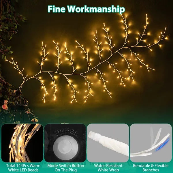HKM-026771 Lighted Birch Garland 7.87FT with 144 LED String Lights, 8 Modes, Timer, and IP45 Waterproof for Home Decor