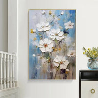 HKM-026899 Handmade 3D Texture Oil Painting of White Flowers on Canvas for Modern Home Decor