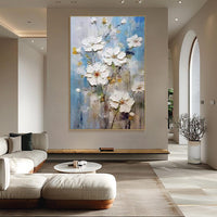 HKM-026899 Handmade 3D Texture Oil Painting of White Flowers on Canvas for Modern Home Decor