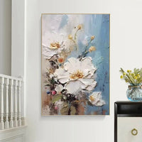 HKM-026899 Handmade 3D Texture Oil Painting of White Flowers on Canvas for Modern Home Decor