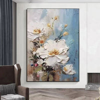 HKM-026899 Handmade 3D Texture Oil Painting of White Flowers on Canvas for Modern Home Decor