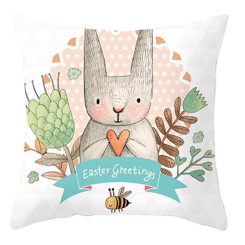 HKM-027795 Easter Floral Print Short Plush Cushion Pillowcase 45x45cm