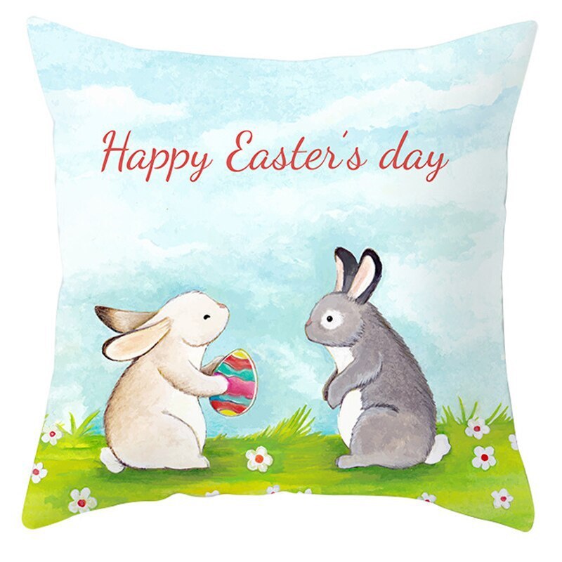 HKM-027795 Easter Floral Print Short Plush Cushion Pillowcase 45x45cm