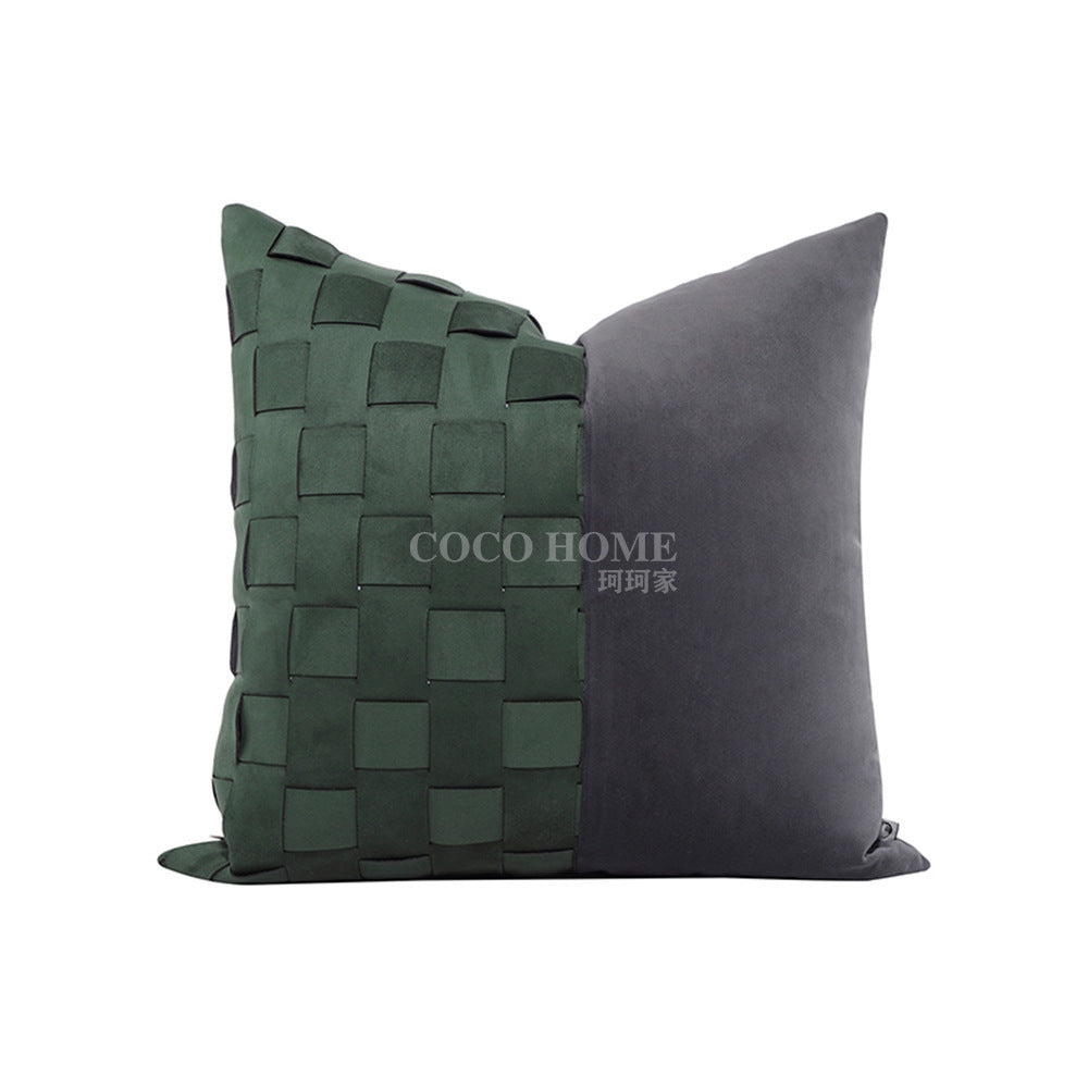 HKM-028115 Retro Green Jacquard Pillowcase in Hand-Woven Leather and Dutch Velvet - Available in 45x45 cm and 30x50 cm