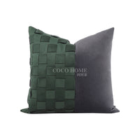 HKM-028115 Retro Green Jacquard Pillowcase in Hand-Woven Leather and Dutch Velvet - Available in 45x45 cm and 30x50 cm